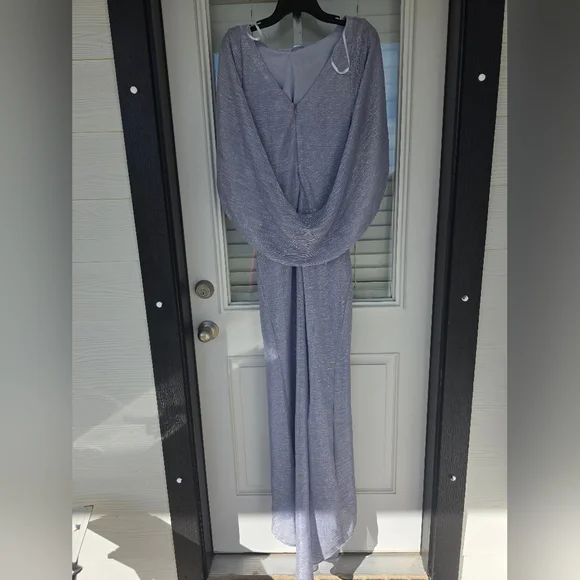 $258 Betsy & Adam Elaine" Long Metallic Crinkle Cowl Neck Dress Sz 8 NWT Wedding - Picture 10 of 12
